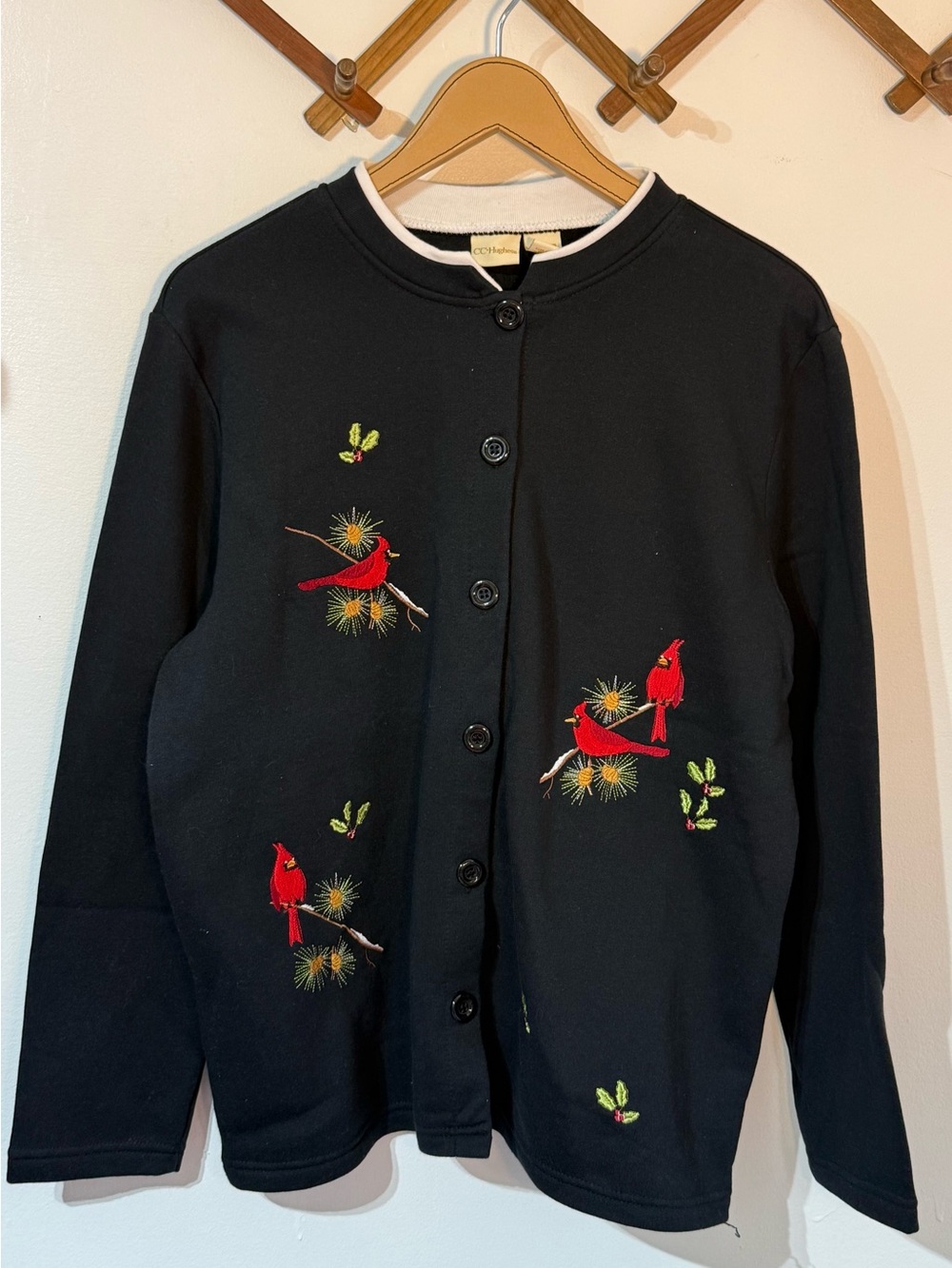 CC Hughes Black Cardigan Sweater with Red Cardinal Embroidery size XL